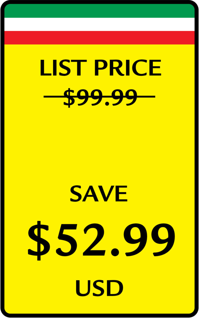 A yellow sale sign with green, white, and red stripes highlights Supercar Tales: Maranello Edition—its list price of $99.99 is crossed out, now only $52.99 USD. Bold text announces: SAVE $52.99 USD.